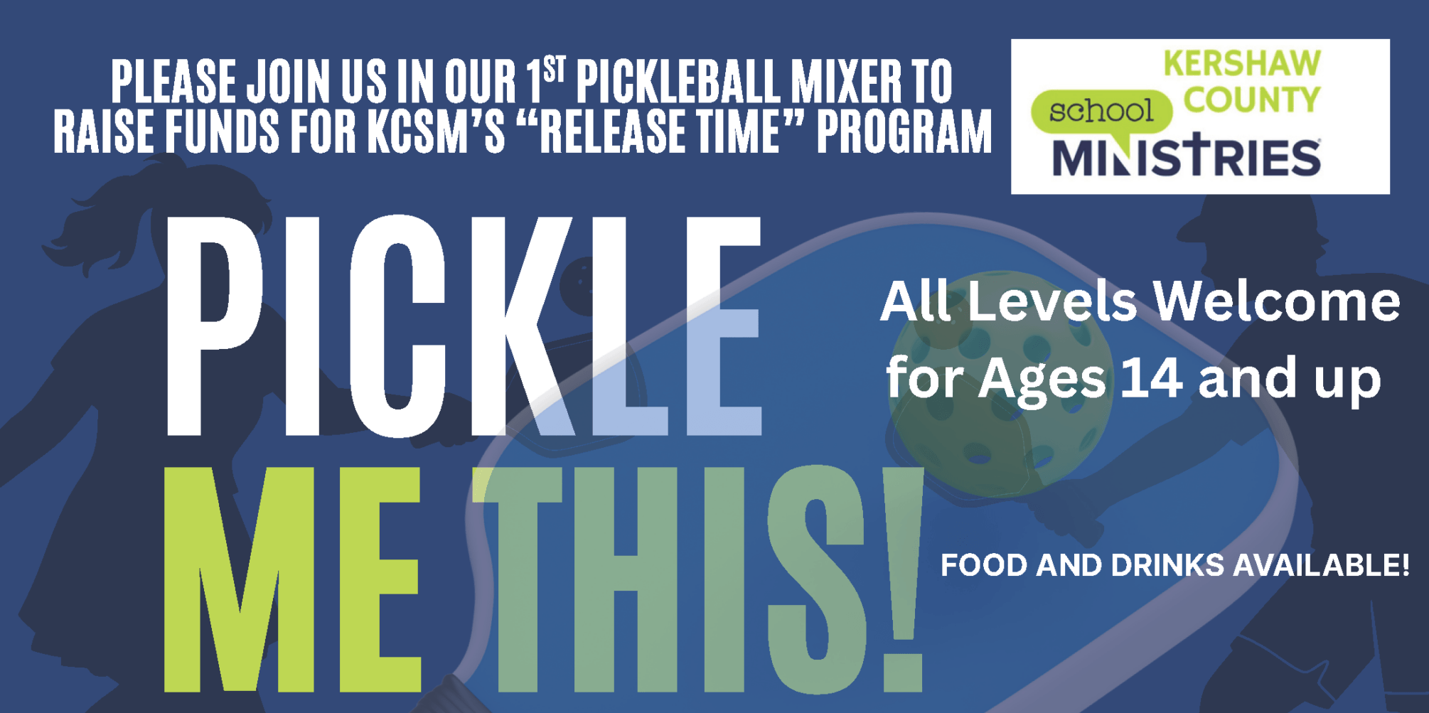 Copy-of-KCSM-Pickleball-fundraiser-11x14 - Experience Camden, South Carolina Poster for a pickleball fundraiser titled 'PICKLE ME THIS!' with event details, date, time, and location at Camden Tennis Center.