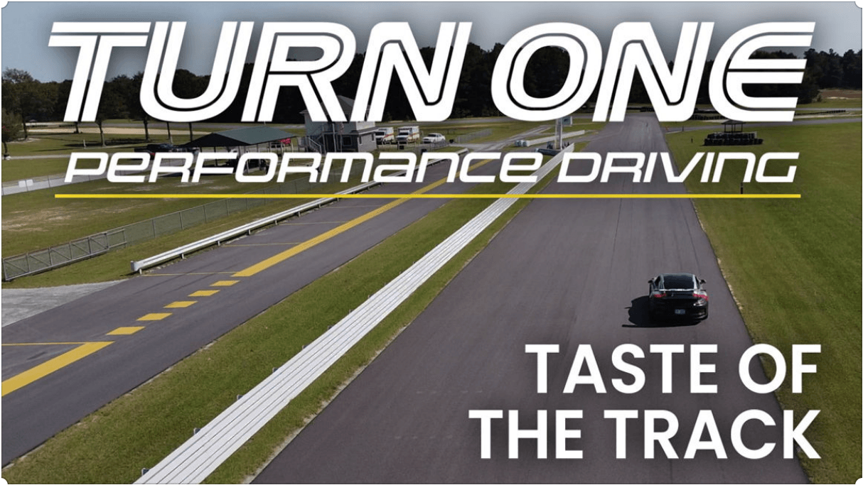 Taste of the Track.png - Experience Camden, South Carolina Promotional banner for Turn One Performance Driving showing a car on a race track with the words 'Taste of the Track'.