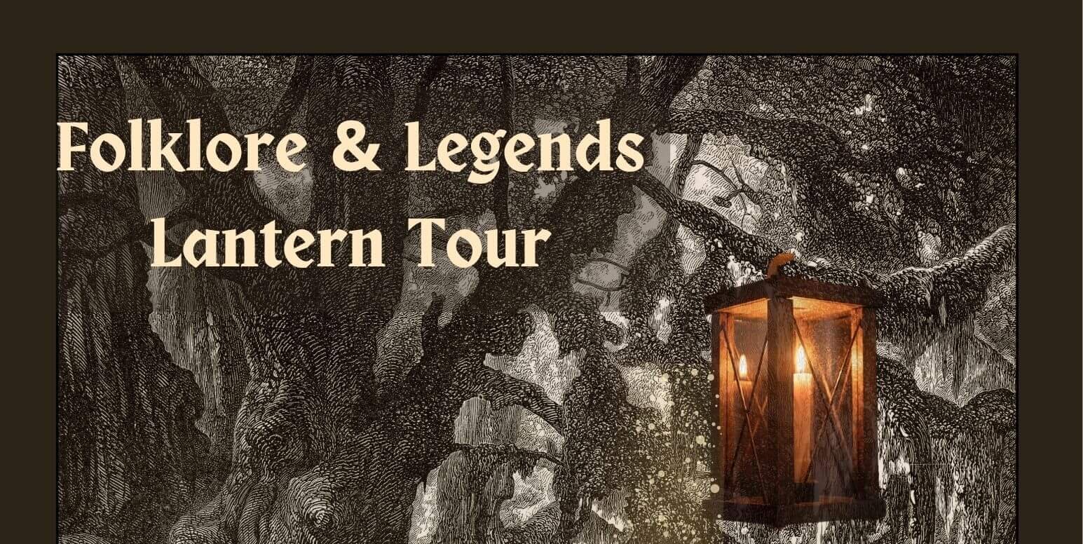 hcf3 - Experience Camden, South Carolina Poster for Folklore & Legends Lantern Tour event, featuring a lantern-lit scene and gothic text. Timing: Friday, May 15, 8–9:30 pm; Tickets $10; for ages 12 and up at Historic Camden, 222 Broad Street, Camden, SC.