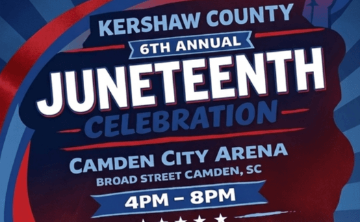 juneteenth patriotic poster - Experience Camden, South Carolina Event poster for Kershaw County Juneteenth Celebration on June 19, 2026, 4–8 PM at Camden City Arena, Camden, SC, highlighting music, culture, and community.