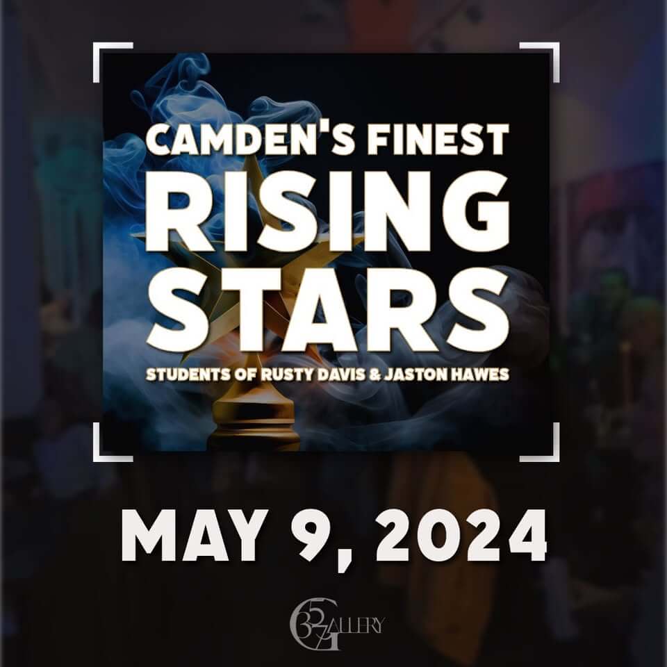 rising - Experience Camden, South Carolina Poster advertising 'Rising Stars' show: Camden's Finest, May 9, 2024, featuring smoky background, bold white text and 65 Gallery logo.