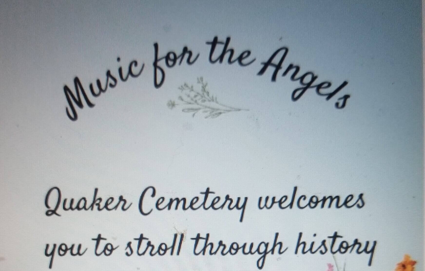 20260510_171715.jpg - Experience Camden, South Carolina Poster reading 'Music for the Angels' with a small botanical illustration, inviting visitors to Quaker Cemetery to stroll through history.