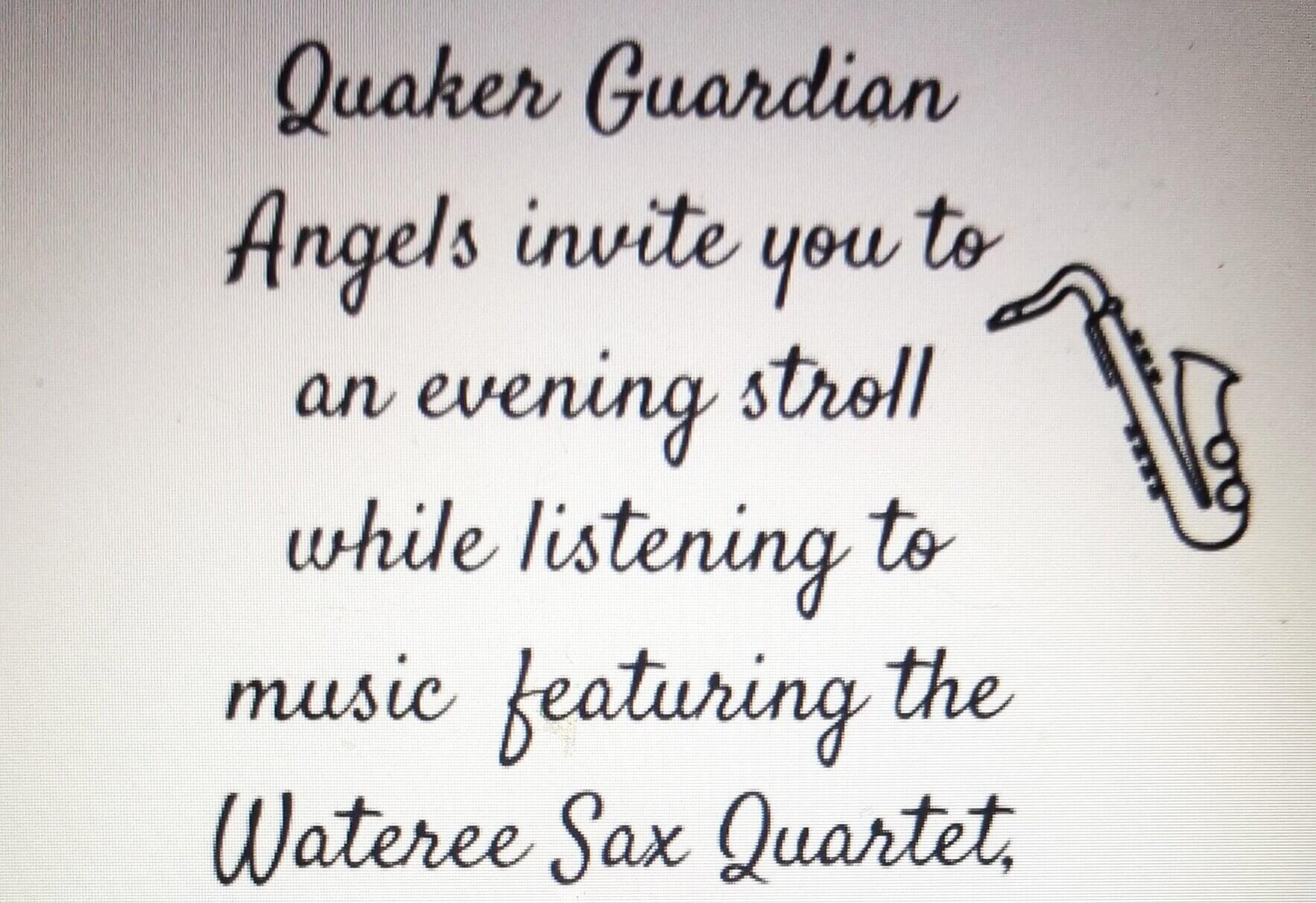 20260511_234523.jpg - Experience Camden, South Carolina Invitation card text inviting an evening stroll with saxophone music by Waterree Sax Quartet; decorative saxophone drawing on the side.