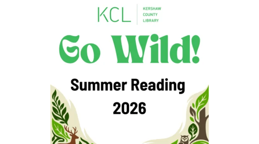 Go Wild All About Nature (1).png - Experience Camden, South Carolina Kershaw County Library Go Wild! Summer Reading 2026 banner with green text and leafy jungle illustration.