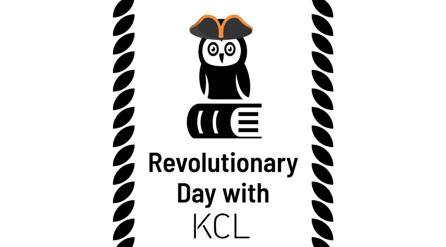 Revolutionary Day with KCL.png - Experience Camden, South Carolina Logo for 'Revolutionary Day with KCL' featuring a black-and-white owl wearing a pirate hat perched on a book, framed by laurel borders.