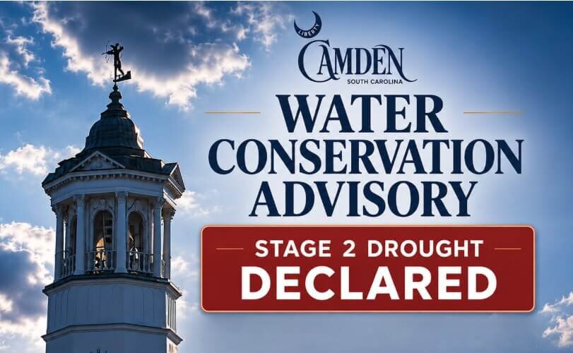 Screenshot 2026-05-13 113654 Camden SC water conservation advisory graphic announcing Stage 2 drought declared, with a clock tower and blue water waves in the foreground.