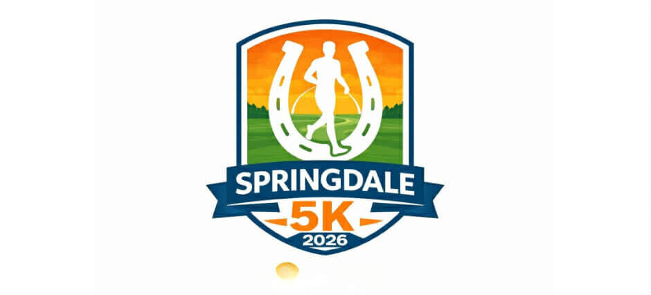 SpringdaleLOGO26.jpeg - Experience Camden, South Carolina Event logo for Springdale 5K 2026 featuring a runner inside a white horseshoe on a sunset-orange and green landscape with a blue banner that reads SPRINGDALE 5K 2026.