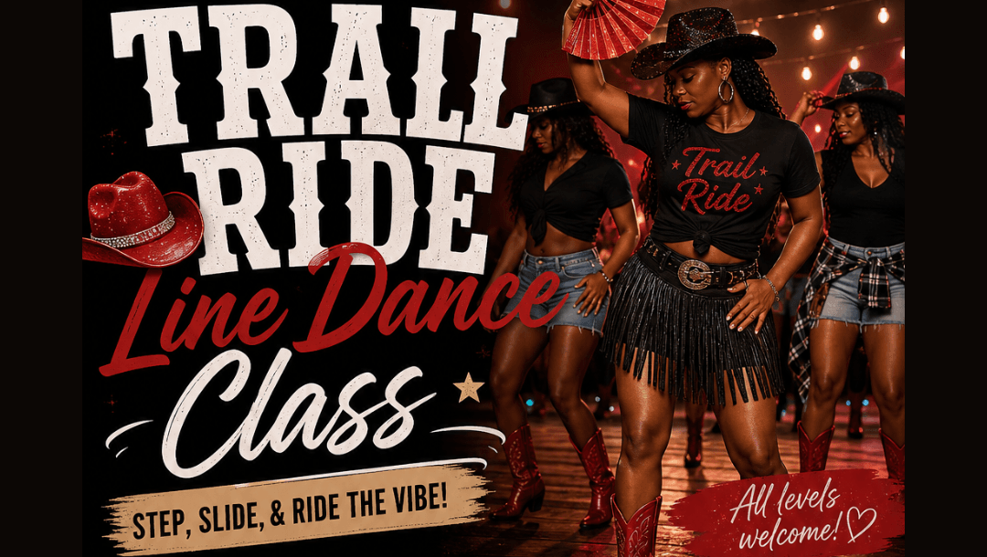 Untitled design.png - Experience Camden, South Carolina Poster advertising 'Trail Ride Line Dance Class' with three women dancing in cowgirl outfits, plus event details and vibe imagery of boots and fans.