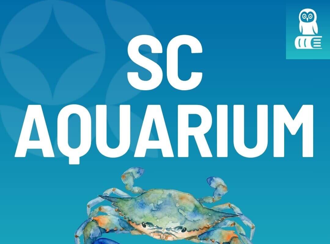 Aquarium.jpg - Experience Camden, South Carolina Poster for SC Aquarium event at Camden Branch, 2 PM, hosted by KCL Library with a watercolor crab illustration in blue tones