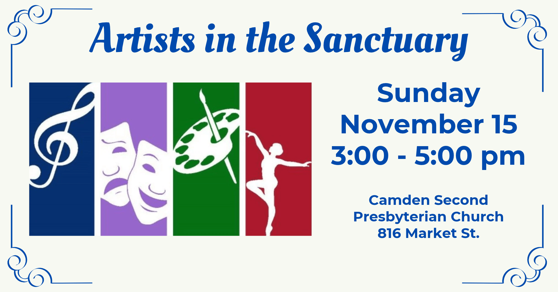 artists fbevent 5 - Experience Camden, South Carolina Flyer for Artists in the Sanctuary event on Sunday, November 15, from 3:00 to 5:00 pm at Camden Second Presbyterian Church, 816 Market St., featuring icons for music, theater, art, and dance.
