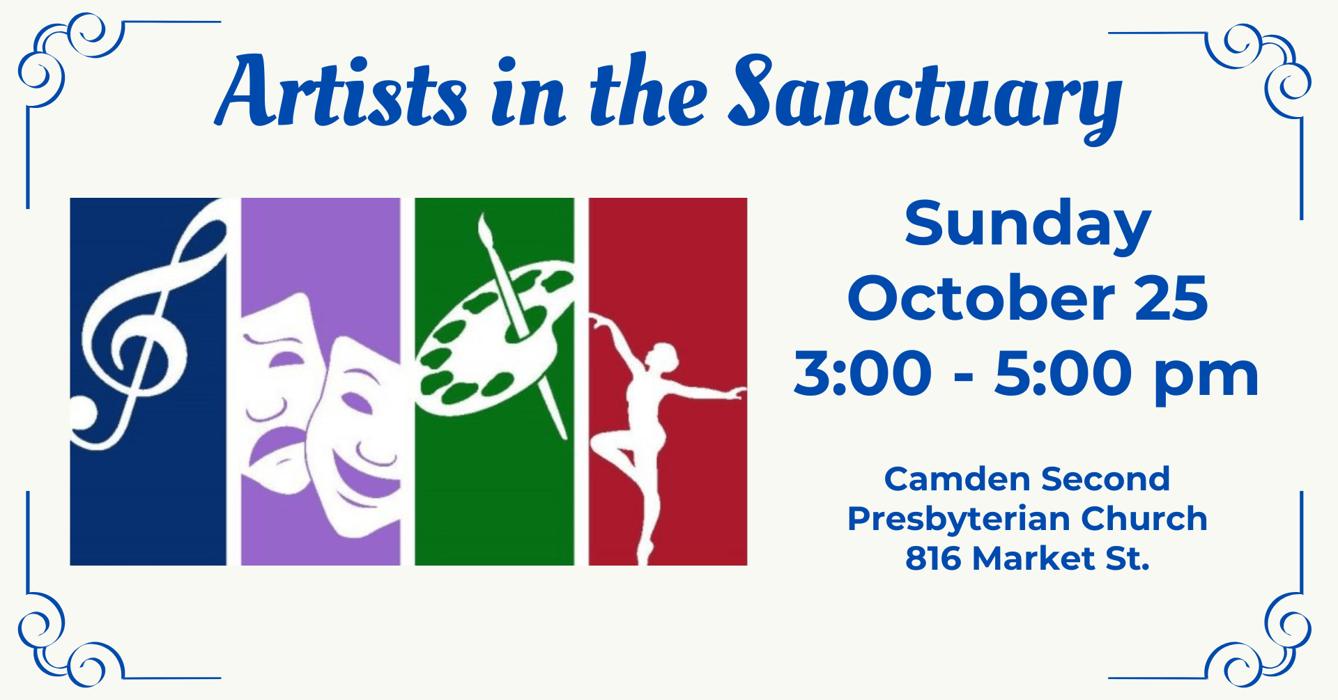 artistsoct - Experience Camden, South Carolina Event flyer featuring images of a treble clef, theater masks, a paint palette, and a ballet dancer. Text: “Artists in the Sanctuary. Sunday October 25, 3:00-5:00 pm, Camden Second Presbyterian Church, 816 Market St.”.