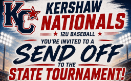 kcnationalssm - Experience Camden, South Carolina Event flyer for Kershaw Nationals 12U Baseball send-off to the state tournament on July 1st, 5:00 PM at Larry Doby Fields, featuring team logos, a baseball, and donation QR code. Red, white, and blue theme.