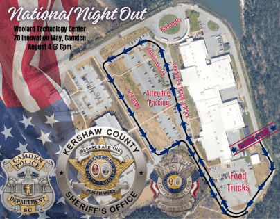 nationalnightout 2026sm - Experience Camden, South Carolina Aerial map-style flyer for National Night Out in Camden, showing police badges, a walking route to Woolard Technology Center, with labels for food trucks and parking; date/time shown at top.
