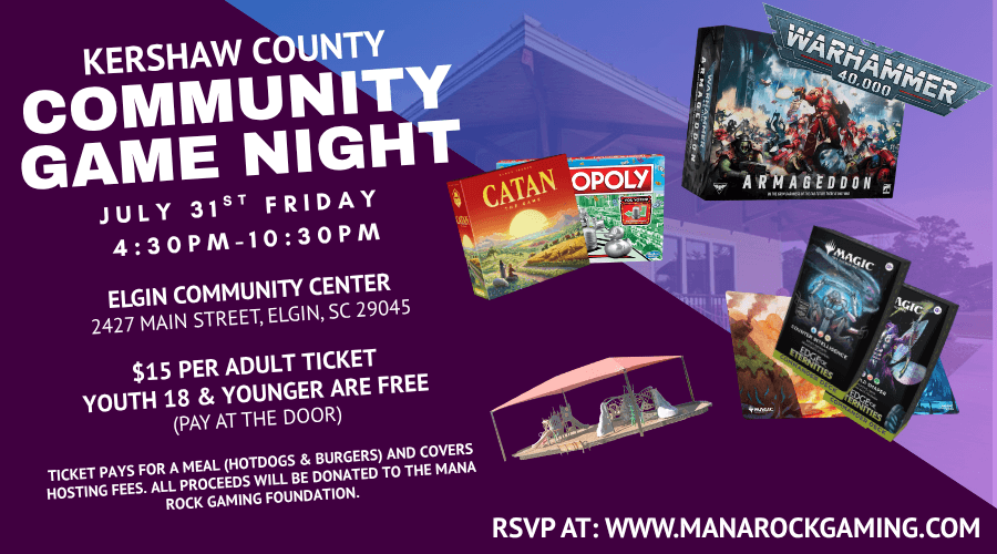 Camden Photo.png - Experience Camden, South Carolina Flyer for Kershaw County Community Game Night on July 31, 4:30–10:30pm, at Elgin Community Center. $15/adult. Features board games like Catan and Warhammer. RSVP at manarockgaming.com.