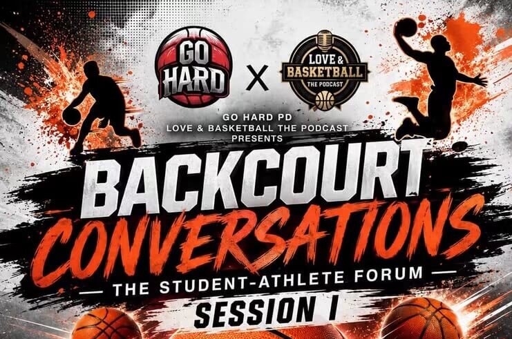 IMG_3552.jpeg - Experience Camden, South Carolina Event flyer with basketballs, flaming court, and logos. Text: Backcourt Conversations—The Student-Athlete Forum, Session 1. August 2, 2026, 3-4:30PM at Kershaw County Rec Department, Camden, SC. Free, registration QR code.