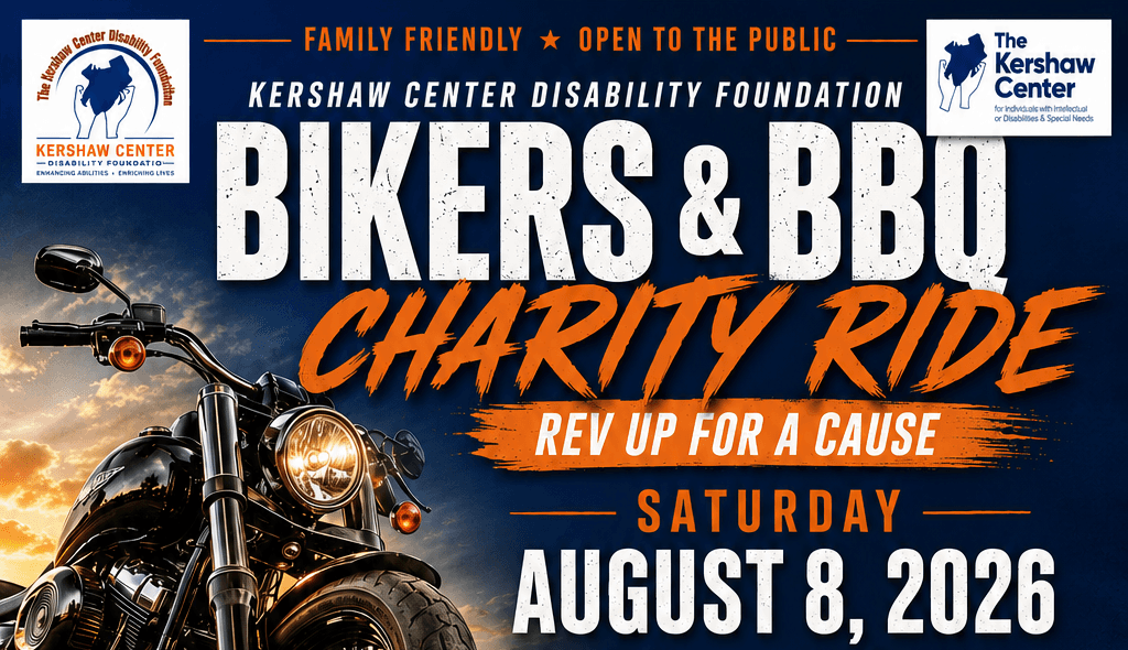 Potential Flyer Ugrade 2.png - Experience Camden, South Carolina Event flyer for Bikers & BBQ Charity Ride on August 8, 2026, featuring a motorcycle, event details, ticket prices, sponsors, food truck, and contact information on a blue and orange background.