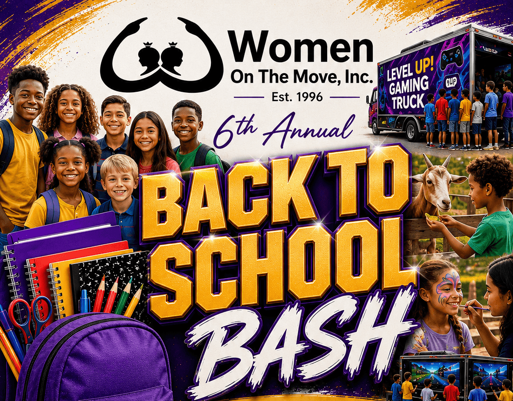 Event Image WOTM-BTSB-2026 - Experience Camden, South Carolina Colorful flyer for Women On The Move, Inc.’s 6th Annual Back to School Bash on July 11, 2026, at Bethel Worship Center, featuring kids, prizes, free supplies, food, games, live music, and sponsor logos.