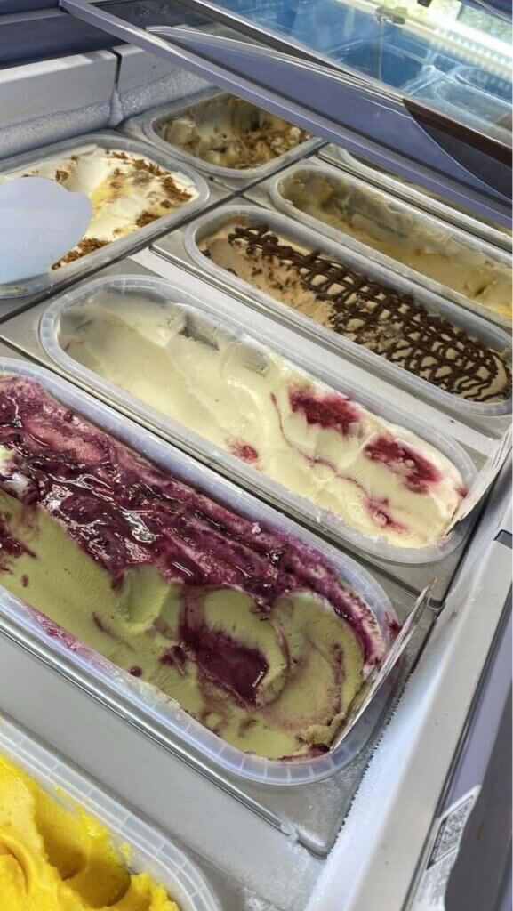 gelato2 - Experience Camden, South Carolina Several tubs of colorful gelato in a display case, featuring flavors with swirls of fruit, chocolate, and creamy textures. The tubs are arranged in rows and partially scooped.