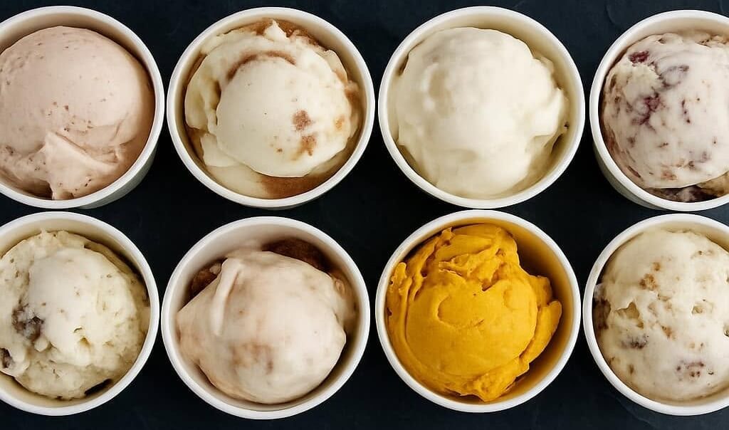 gelato3 - Experience Camden, South Carolina Eight cups of ice cream with different flavors are arranged in two rows on a dark surface. Each cup holds a scoop with varying colors, including white, beige, orange, and light brown shades.