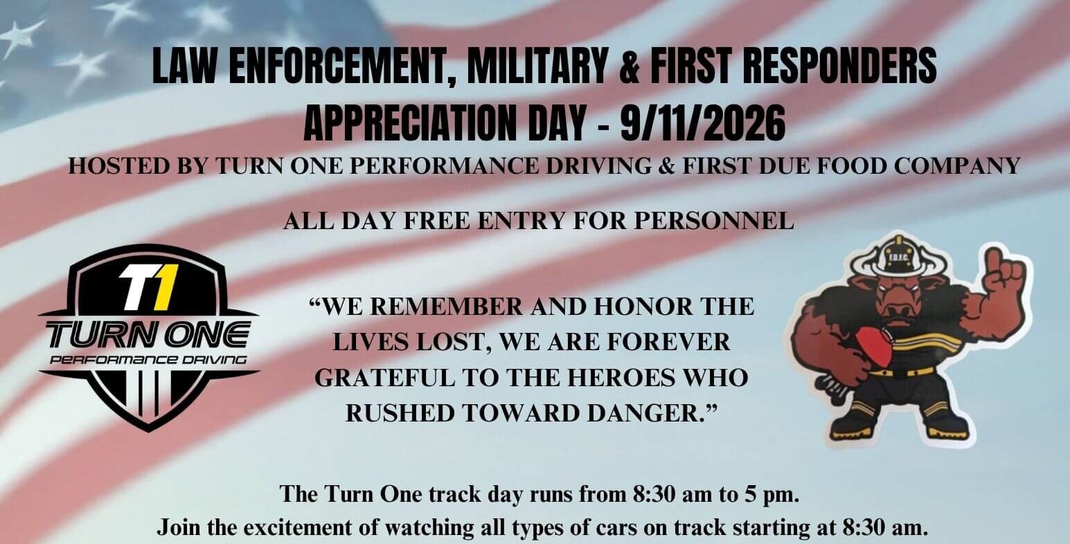 9-11 Turn One Flyer.pdf.jpg - Experience Camden, South Carolina Flyer for Law Enforcement, Military & First Responders Appreciation Day on 9/11/2026 at Carolina Motorsports Park; features cars, emergency vehicles, logos, and event details.
