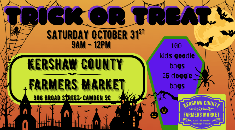 Halloween Poster (900 x 500 px).png - Experience Camden, South Carolina Colorful Halloween-themed flyer for Trick or Treat at Kershaw County Farmers Market on Oct 31st, 9AM-12PM, 906 Broad St, Camden, SC. Features event details, bats, pumpkins, and spider webs.