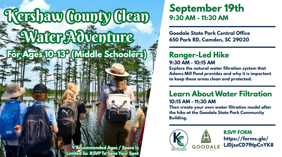 KC Clean Water Advneture 900 x 500.png - Experience Camden, South Carolina A group of kids with hats and backpacks stands on a dock overlooking a lake surrounded by trees. Event details about Kershaw County Clean Water Adventure for middle schoolers are listed on the right side.