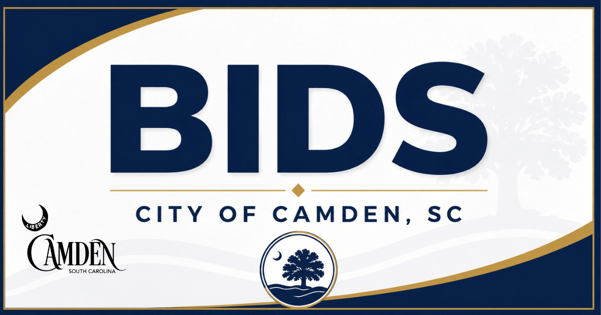 Untitled design 13 - Experience Camden, South Carolina A graphic with large text reading Bids and City of Camden, SC, featuring a tree, a crescent moon, and Camden, South Carolina logos on a blue and white background with gold accents.