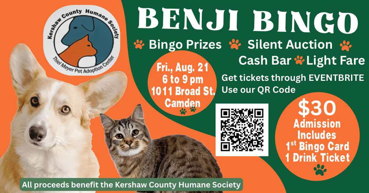 benjibing - Experience Camden, South Carolina Benji Bingo event flyer with dog and cat images, event details, ticket info, QR code, and Kershaw County Humane Society logo. Event is Aug. 21, 6-9 pm, Camden. $30 admission benefits the humane society.