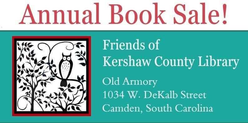 booksale - Experience Camden, South Carolina Flyer advertising the Annual Book Sale at Kershaw County Library, with dates, times, and a smiling cartoon book on a stack of colorful books, plus event information and a Friends Night detail.