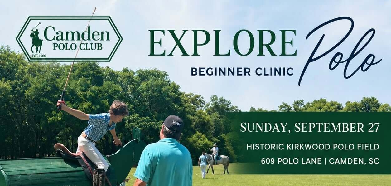 camden polo 92726 - Experience Camden, South Carolina Collage of polo activities at Camden Polo Clubs beginner clinic, with people riding horses, practicing polo, and socializing outdoors. Event details, club logo, and icons for food trucks and entertainment are displayed.