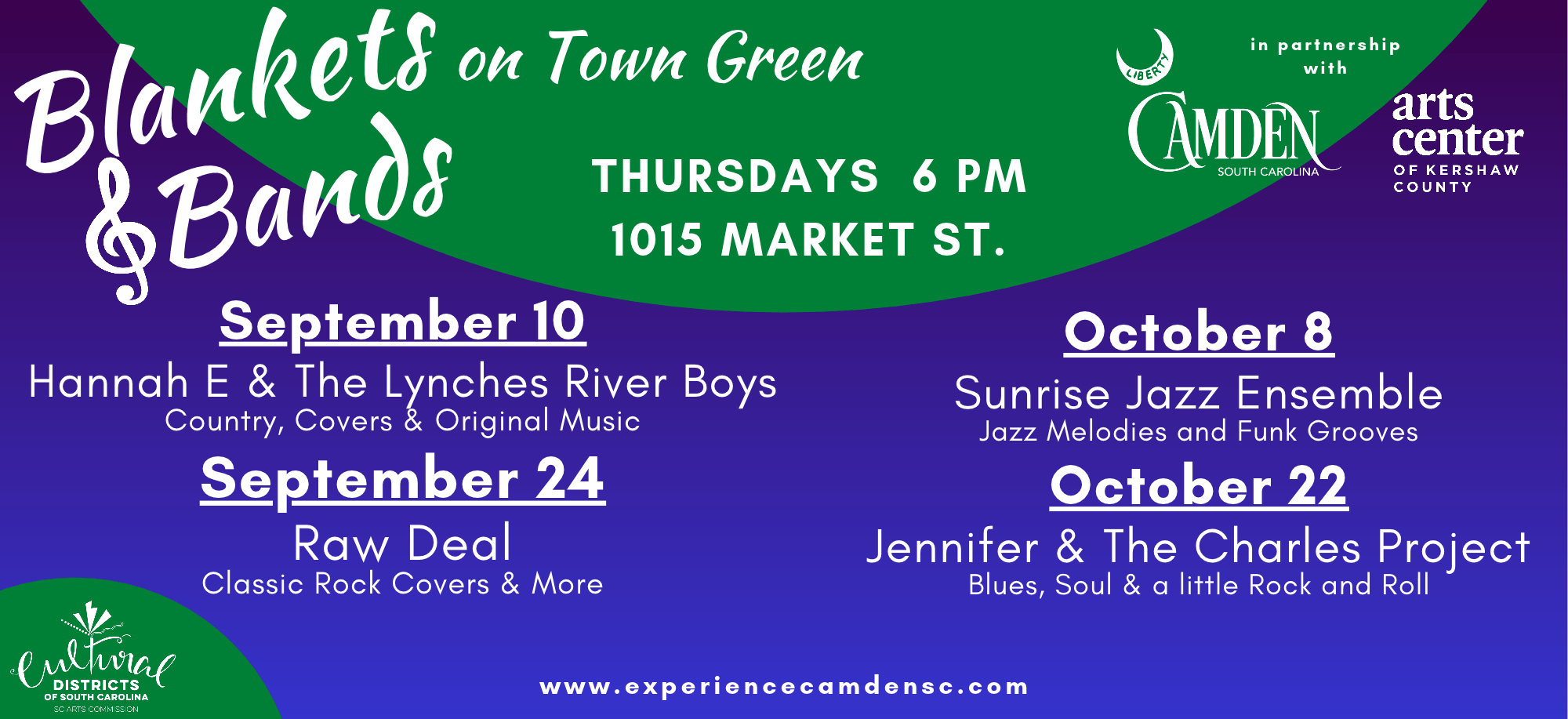 dwtnbb for web A promotional flyer for Blankets & Bands on Town Green, Thursdays at 6 PM, 1015 Market St. Includes event dates, bands, and sponsors: Camden, Arts Center, Cultural Districts.
