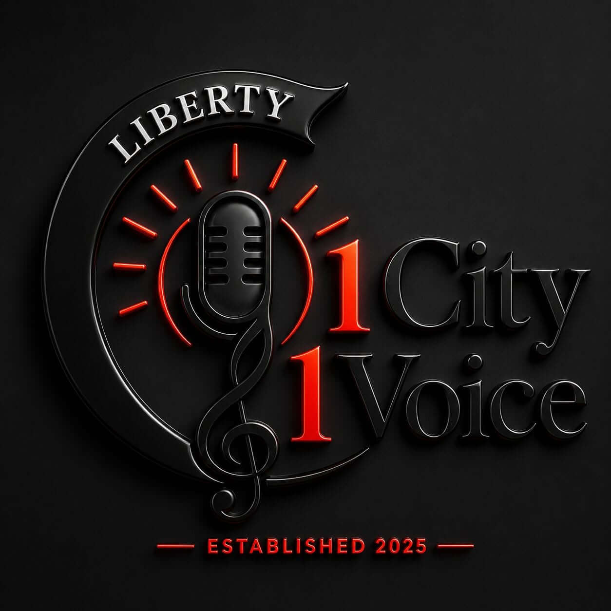 ocov logo - Experience Camden, South Carolina A black and red logo with a microphone, musical note, Liberty, 1 City 1 Voice, and Established 2025 in bold text.