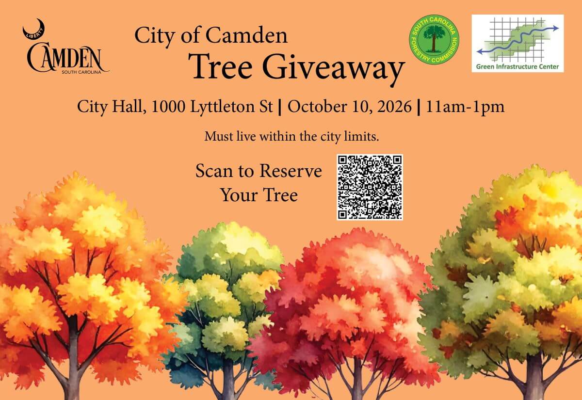 Fall 2026 Flyer_Camden - Experience Camden, South Carolina Flyer for Camden, SC Tree Giveaway on Oct 10, 2026, 11am-1pm at City Hall. Includes city and Green Infrastructure Center logos, fall trees, event details, and QR code to reserve a tree. Residents only.