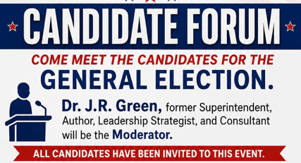 FinalForumPoster2026.png - Experience Camden, South Carolina Flyer for a candidate forum on September 17, 2026, 6–8 PM at the Revolutionary War Visitor Center in Camden, SC. Features event details, moderator info, arrival time for Q&A sign-up, and local civic graphics.