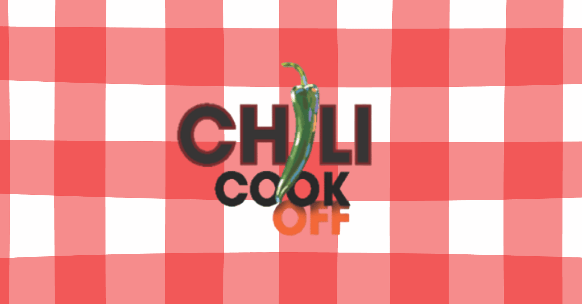 chili cook off - Experience Camden, South Carolina A green chili pepper overlays the words Chili Cook Off on a red and white checkered background.