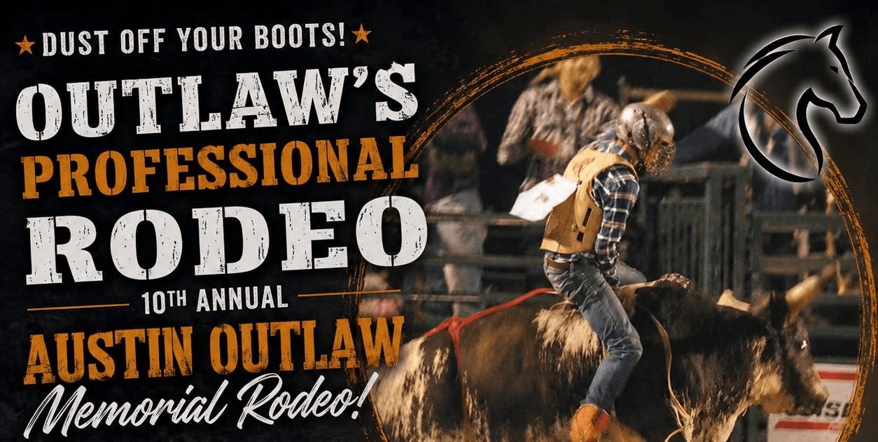 outlawrodeo - Experience Camden, South Carolina A rodeo rider in a helmet and vest rides a bull. Text reads: Outlaws Professional Rodeo, 10th Annual Austin Outlaw Memorial Rodeo! Horse logo in the top right.
