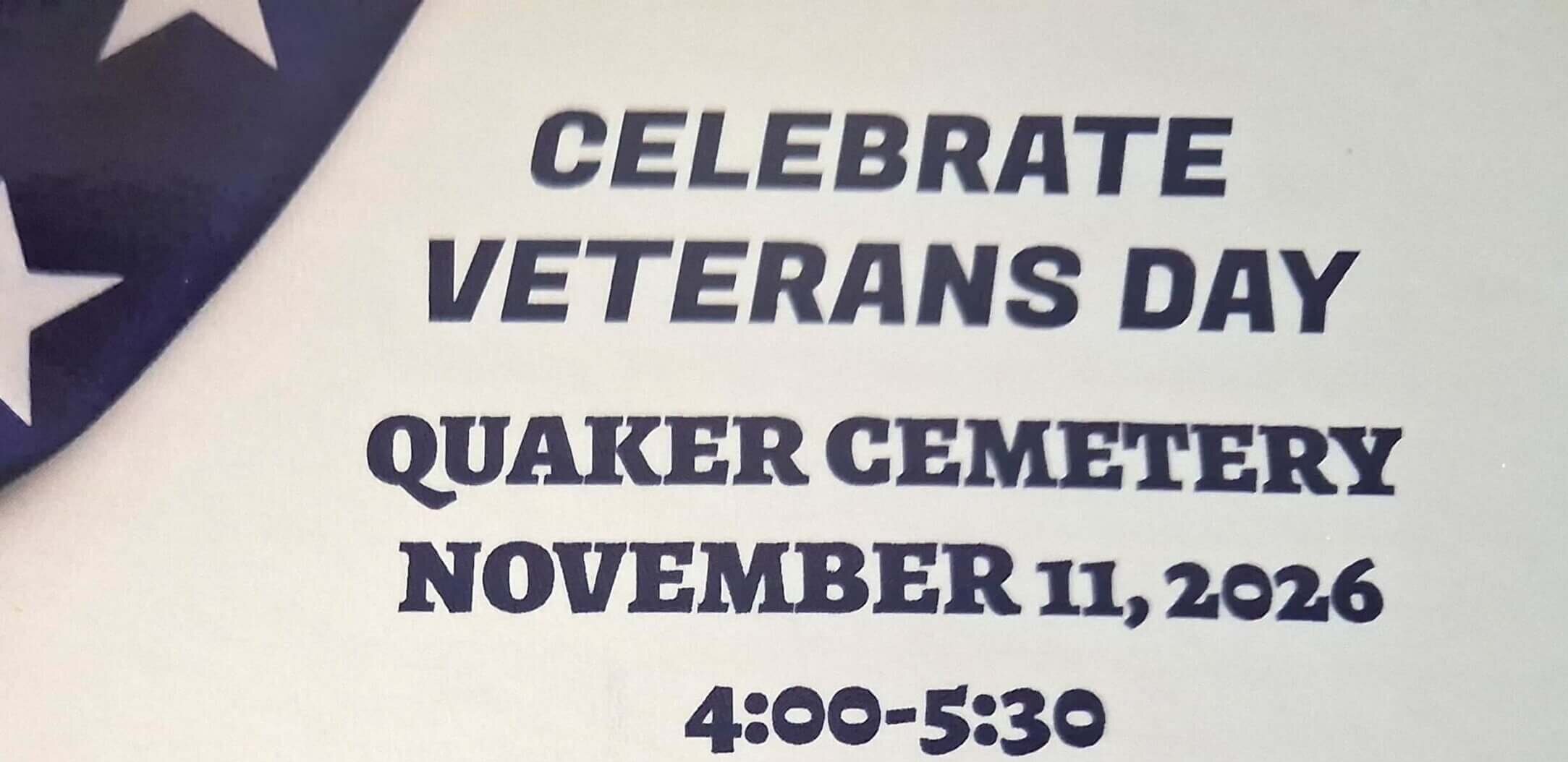 20261015_153254.jpg - Experience Camden, South Carolina Flyer for a Veterans Day event at Quaker Cemetery on November 11, 2026, from 4:00-5:30. The event features a walking tour to view over 1100 flags with patriotic music, hosted by Quaker Guardian Angels; there is no charge to attend.