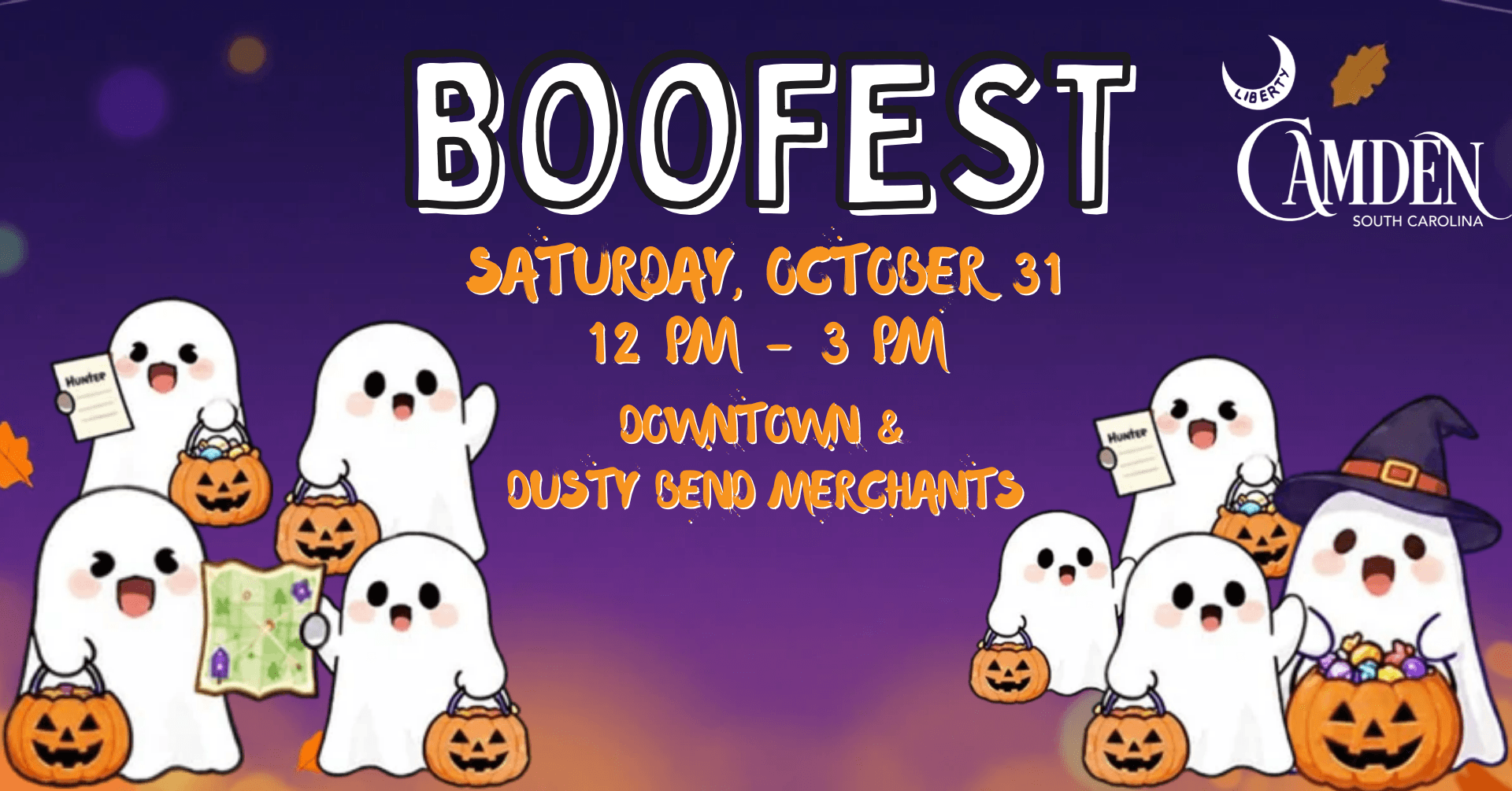 Boofest 2026 Cover - Experience Camden, South Carolina Boofest event flyer for Saturday, October 31, 12 PM – 3 PM, in Downtown & Dusty Bend Merchants, featuring cartoon ghosts with pumpkins and the City of Camden logo.