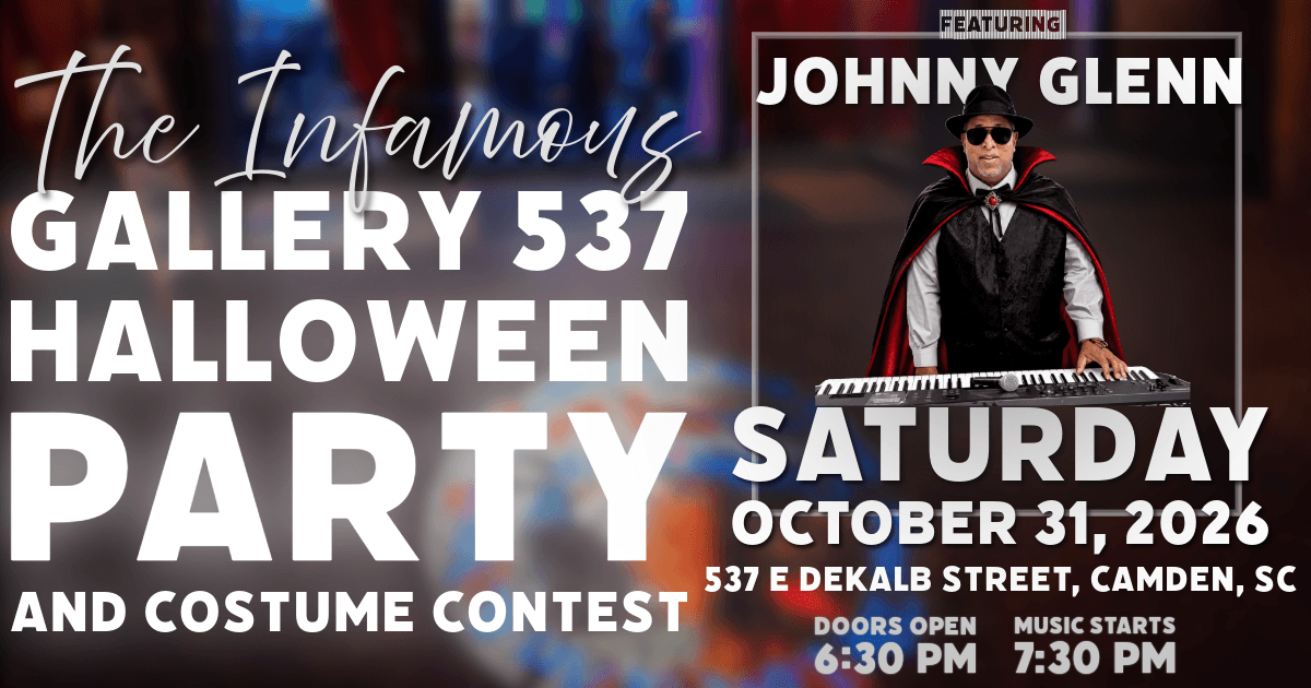 Untitled - March 27, 2026 at 19.42.32 copy (3).png - Experience Camden, South Carolina Event poster for The Infamous Gallery 537 Halloween Party and Costume Contest featuring Johnny Glenn on Saturday, October 31, 2026, at 537 E DeKalb Street, Camden, SC, with doors opening at 6:30 PM and music starting at 7:30 PM.