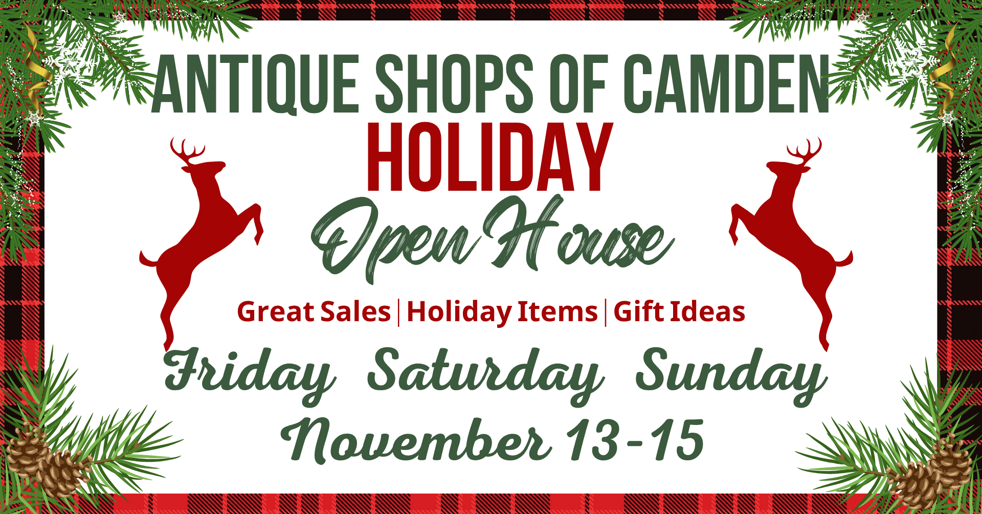 antiqueopenhousefb 1 - Experience Camden, South Carolina Announcement for the Antique Shops of Camden Holiday Open House, taking place Friday through Sunday, November 13-15.