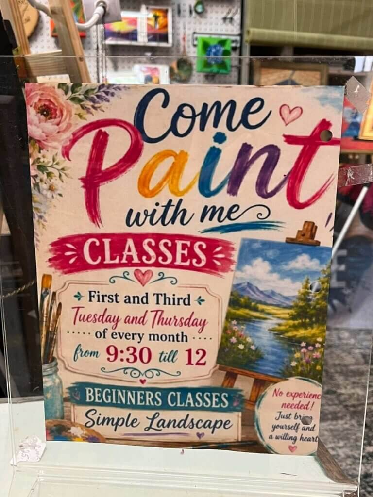 artistsatticclasses - Experience Camden, South Carolina Flyer for Come Paint with me classes, held the first and third Tuesday and Thursday of every month from 9:30 to 12, featuring beginner-level landscape painting with no experience required.