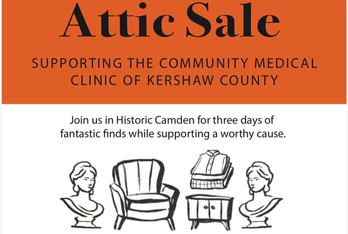 Screenshot - Experience Camden, South Carolina Attic Sale flyer for the Community Medical Clinic of Kershaw County, held November 13th–15th at the First National Bank Building in Camden, SC, with contact information included.