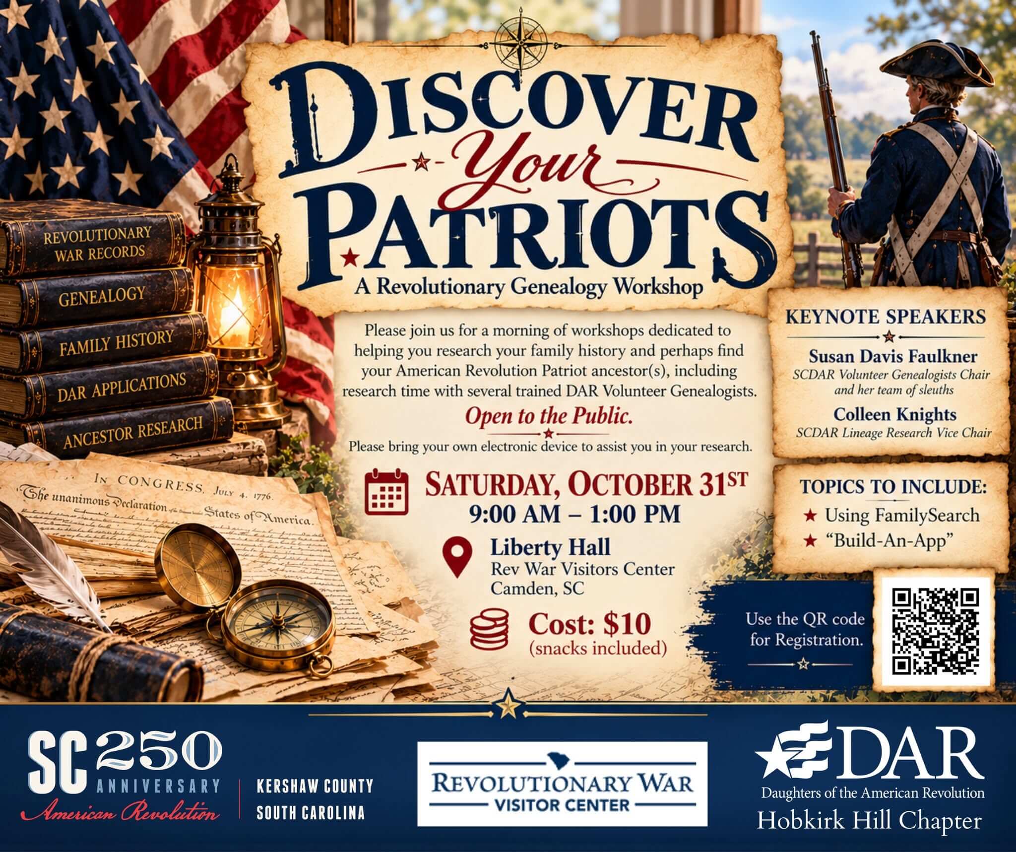 hhdar103126 - Experience Camden, South Carolina Event flyer for a Revolutionary War genealogy workshop on October 31st at Liberty Hall in Camden, SC, featuring guest speakers, research topics, registration details, and QR code.